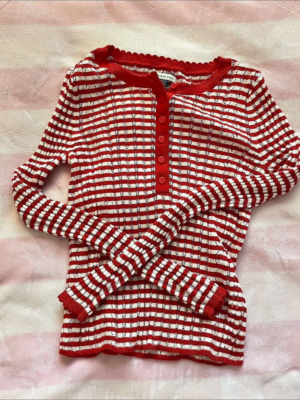 American Eagle Pointelle Henley Top Striped Cardigan Red & White XS